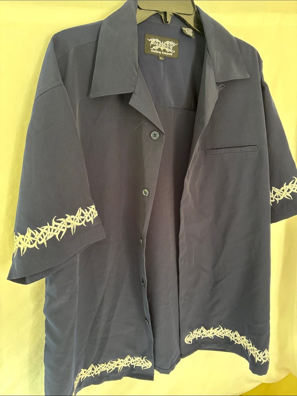 DragonFlyShort-Sleeve Navy Button-Down Shirt with White Trim. All Designs Sharp